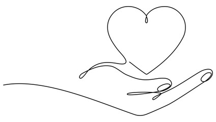 Fototapeta Hand holding heart continuous one line drawing. Love concept. Vector illustration isolated on white. obraz