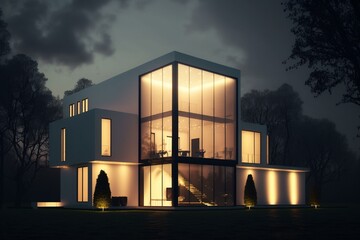 A modern mansion illuminated in the evening. Generative AI