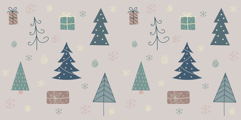 Christmas winter seamless pattern, doodle elements, kids wallpaper, background for gift paper.