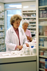 Fototapeta premium Generative AI illustration of people buying medicines in a big pharmacy