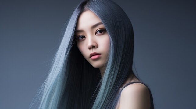 Beautiful woman with blue long hair bust up image on studio background. lgbtq concept