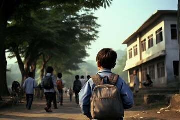 Children go to school, asian kids in schoolyard