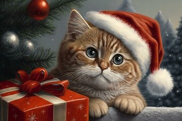 Sweet christmas feline with santa hat besides tree and gift. Generative AI
