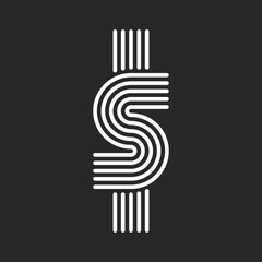Letter S monogram initial logo rounded shape, look like dollar sign from parallel thin lines, creative offset curves forms typography design element.