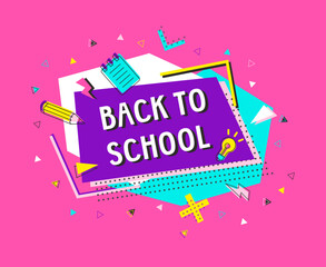 Back To School retro style illustration on color abstract background with education icons. Hand drawn vector text with decor for poster or template. Positive motivational quote for billboard or sale