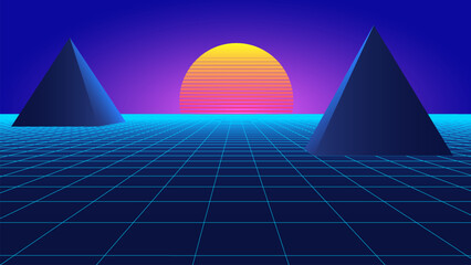 Digital 3d retro sunset on the pink and blue horizon. Futuristic gradient background of the 1980s. Neon pyramids. Big Data visualization. Vector illustration.