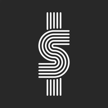 Letter S monogram initial logo rounded shape, look like dollar sign from parallel thin lines, creative offset curves forms typography design element.