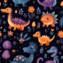 Cartoon dinosaurs childish seamless repeat pattern