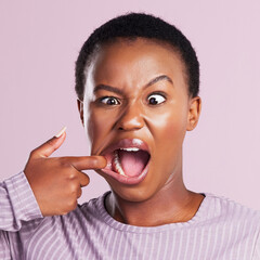 Woman, squint and face in pink studio background with closeup in africa with meme. Female person,...