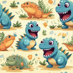 Obraz premium Cartoon dinosaurs childish seamless repeat pattern