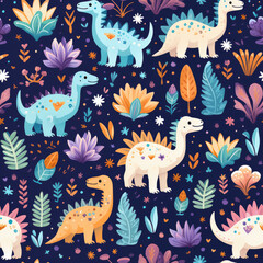 Cartoon dinosaurs childish seamless repeat pattern