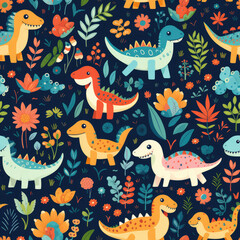 Cartoon dinosaurs childish seamless repeat pattern