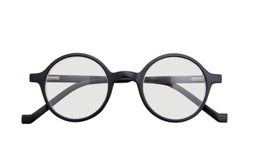 Black round frame eyeglasses, Myopia, presbyopia eye glasses isolated cutout on transparent background, PNG	