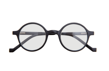 Black round frame eyeglasses, Myopia, presbyopia eye glasses isolated cutout on transparent background, PNG	