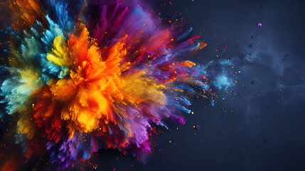 Fototapeta premium Elevated view of yellow circular frame covered with dry holi colors. Generative Ai