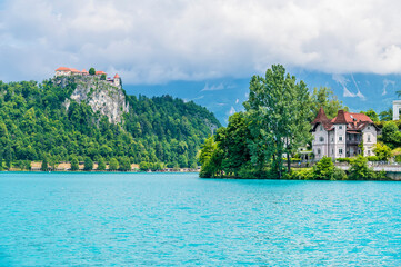 Naklejka premium A view across Lake Bled towards the castle in Bled, Slovenia in summertime