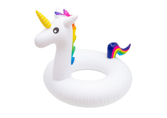 Unicorn inflatable buoy ring isolated on transparent background, PNG. Lifebuoy kids swimming safety