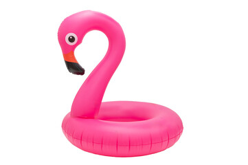 Pink flamingo inflatable buoy ring isolated on transparent background, PNG. Lifebuoy kids swimming...