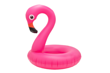 Pink flamingo inflatable buoy ring isolated on transparent background, PNG. Lifebuoy kids swimming safety