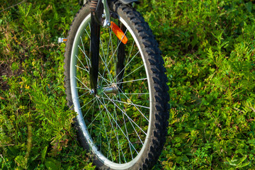 View of the front wheel of a bicycle on a grassy country road on a summer trip.