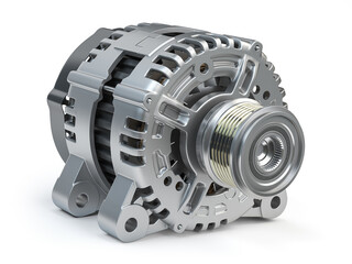 Automotive power generating alternator, generator isolated on white  Car parts and car repair service.