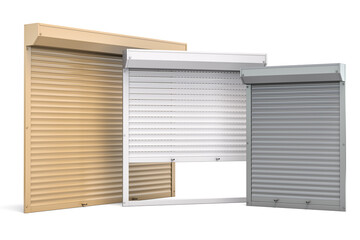 Window roller shutters of different colors isolated on white background.