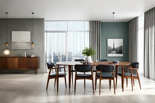 classic scandinavian mid century modern wood and leather chairs. dining room design interior