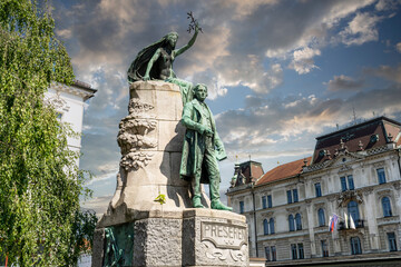 Ljubljana is the capital of Slovenia and the famous tourist center of Europe.  Bronze statue on the...