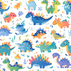 Cartoon dinosaurs childish seamless repeat pattern
