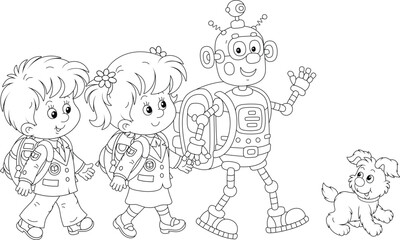 Fototapeta na wymiar Little schoolchildren and a funny robot with schoolbags going to their school, black and white outline vector illustrations for a coloring book