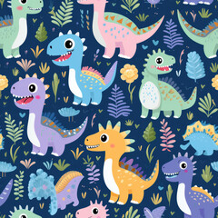 Obraz premium Cartoon dinosaurs childish seamless repeat pattern 