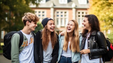 Multiracial university students in campus talk and have fun outdoors.
