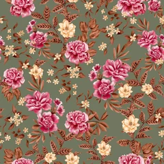 Gordijnen Watercolor flowers pattern, pink and yellow tropical elements, green leaves, green background, seamless © Leticia Back