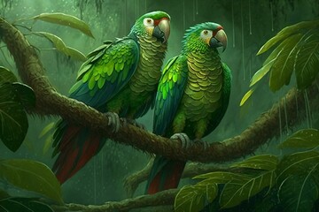 Illustration of two green parrots on a rainforest tree. Generative AI