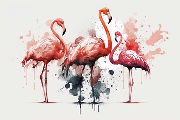 White background with isolated flamingos. Generative AI