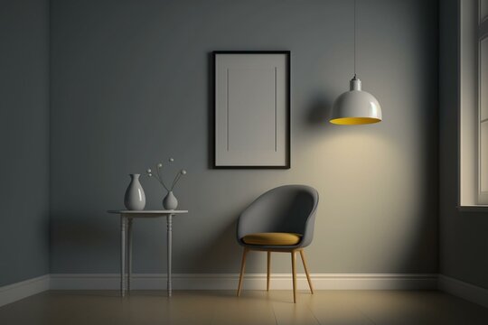 Simple room with a chair, table, lamp, gray wall, and artwork in a 3d rendering. Generative AI