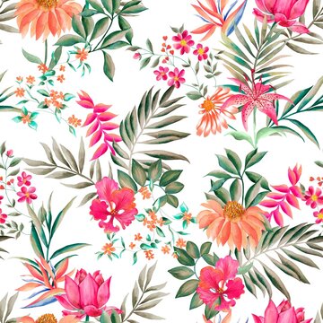 Watercolor flowers pattern, red tropical elements, green leaves, white background, seamless
