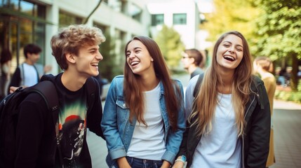 Multiracial university students in campus talk and have fun outdoors.