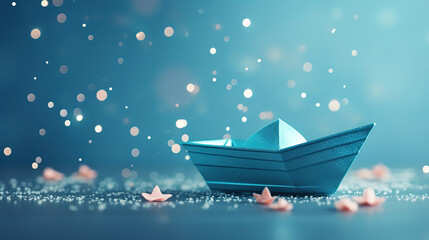 Fototapeta na wymiar Valentine's day greeting card, Origami boat with heart flag on glitter blue background. Generative Ai