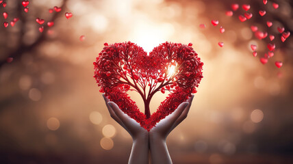 World health day concept, Human hands holding heart shape of red tree over. Generative Ai - obrazy, fototapety, plakaty