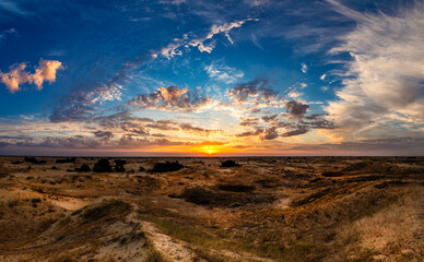 Beautiful morning desert landscape at sunrise with dunes.