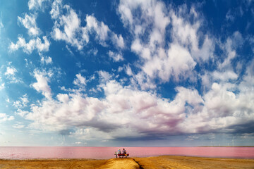 Pink salt lake Sivash. A place in Ukraine for treatment and walks.