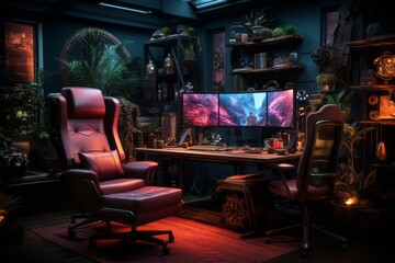 Obraz na płótnie Canvas A sleek and modern gaming setup with a high-end PC, ultra-wide monitor, RGB lighting, and premium gaming peripherals. Generative Ai