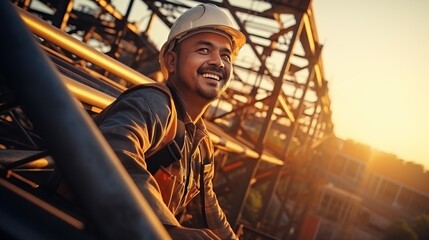 Naklejka premium smile of Engineer man Technician Workers on High Steel Platform, 