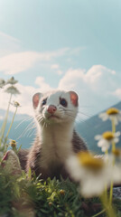 Ferret in a Field of colorful Flowers,Animal Photography, Nature Photography