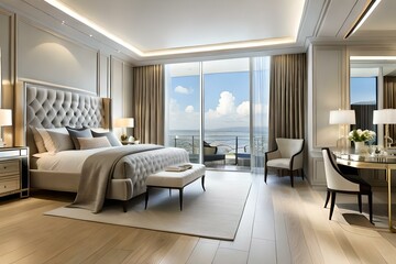 Fototapeta premium King-size bed with beige bed linen in adorable bedroom with luxury make up table