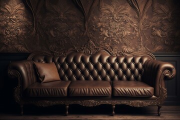 A refined leather couch in a room adorned with decorative wallpaper. Generative AI