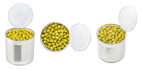 Tin can open with green peas, set, isolated on transparent background .