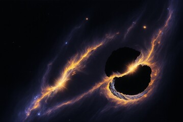 A cosmic landscape of a star-filled sky, with a black hole in the center and a glowing letter O radiating light.