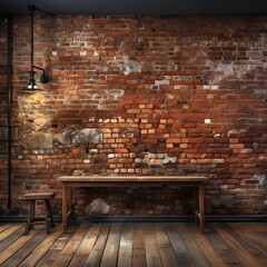 red and brown brick wall background or wallpaper wooden floor and tables 